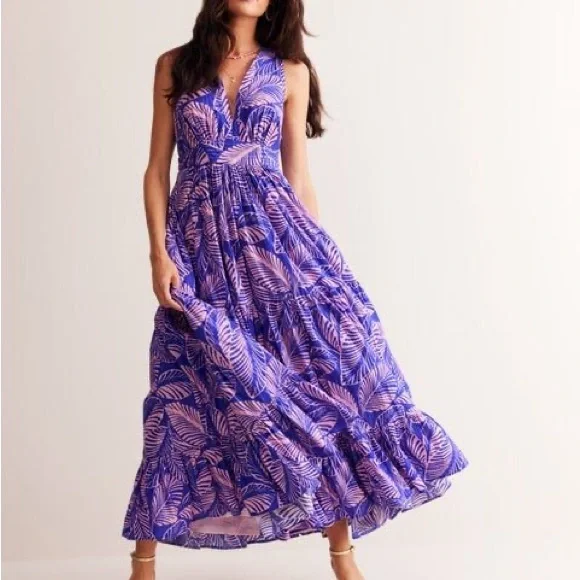 Boden Purple Palm-Print V-Neck Maxi Dress - Picture 1 of 8